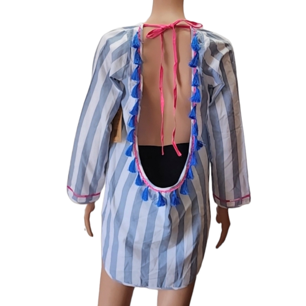 Soleil striped cotton open back mini beach dress cover up tassel trim white blue - Picture 8 of 10